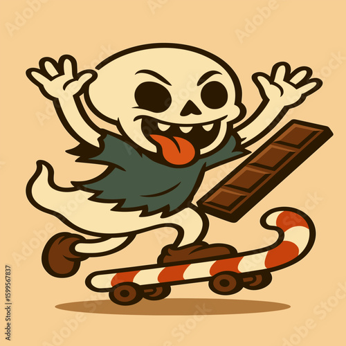 Ghost kid riding a candy cane skateboard, tongue out, arms raised in cheer, spooky-cute cartoon style on a plain background.