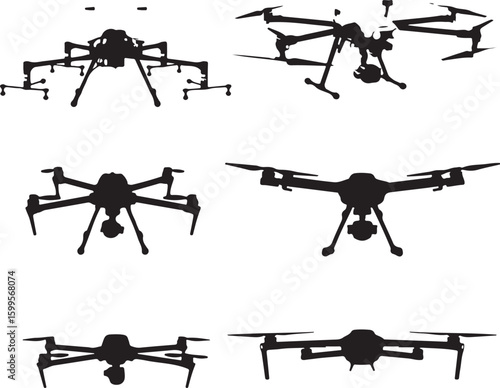 Black drone silhouettes with cameras quadcopter aerial vehicle