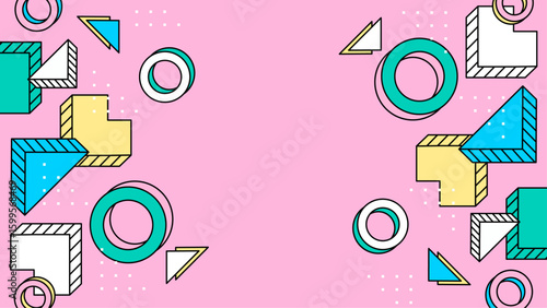 Pink background with colorful geometric shapes ideal for backgrounds, banners, and graphic designs needing a playful and vibrant touch.