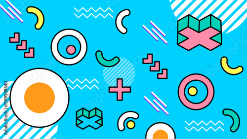 Vibrant 80s geometric shapes. Perfect for retro themed designs, backgrounds, and advertising campaigns needing a bold, colorful aesthetic. Ideal for creative projects.