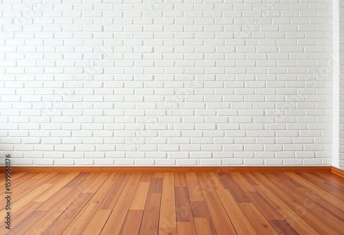 Clean white brick wall backdrop, warm wood floor,  architecture,  wooden