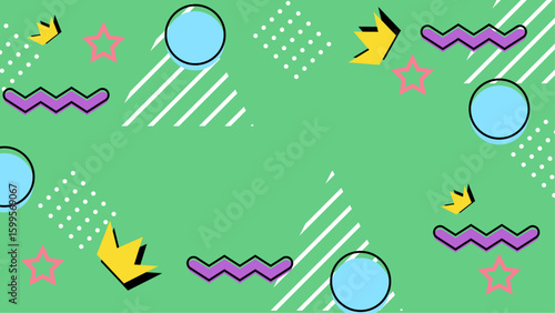 Green design with stars, crowns, circles, and zigzags. Perfect for backgrounds, invitations, posters, and creative projects. Versatile and vibrant.