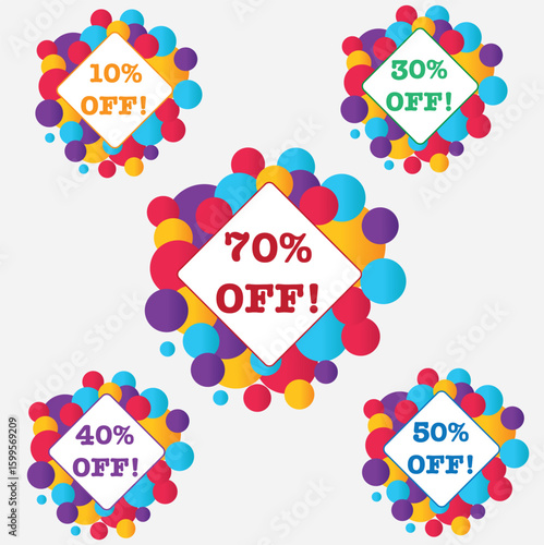 Multiple colorful circles highlight various discount offers for a big sale event.