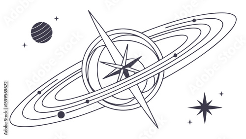 Celestial System with Rings Star and Planets.
