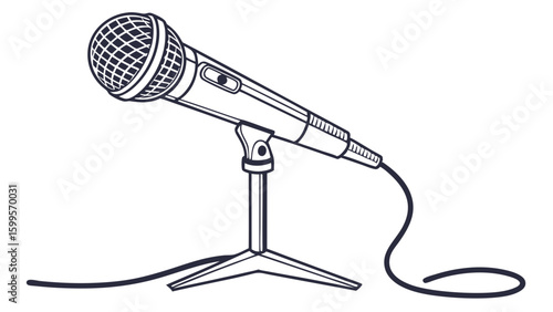 Detailed Black and White Microphone on a Stand Illustration.