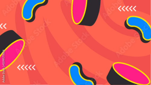 Abstract colorful shapes on a swirling orange background. Suitable for vibrant graphic designs or eye catching presentations with a modern twist.