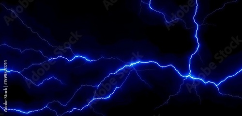 Abstract swirling dark background with vibrant electric blue lightning bolts, night, intense