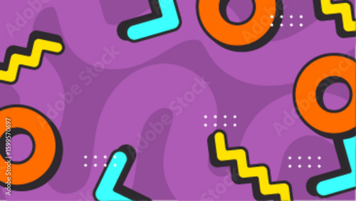 Vibrant purple background with 90s style geometric shapes perfect for retro themed designs, party invitations, album covers, and social media graphics.