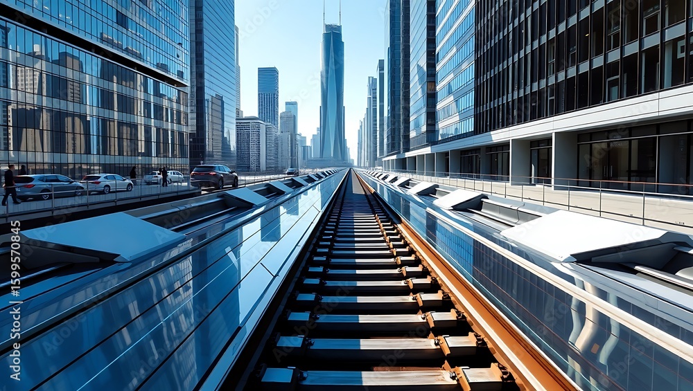 Fototapeta premium Perspective view of city train tracks with skyscrapers and cars on the side of the road