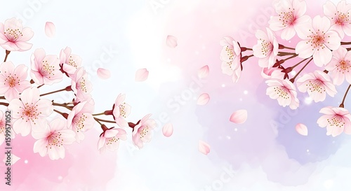 Delicate Pink Cherry Blossom Flowers with Falling Petals on a Soft Watercolor Background Illustration