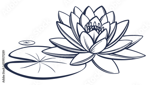 Elegant Water Lily Flower and Lily Pads Line Art Illustration.