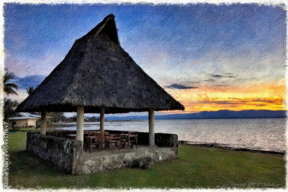 Tropical thatched hut gazebo at sunset over water Tropical thatched hut gazebo at sunset over water