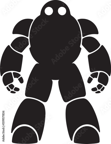 Black robot silhouette with round eyes and segmented limbs white character