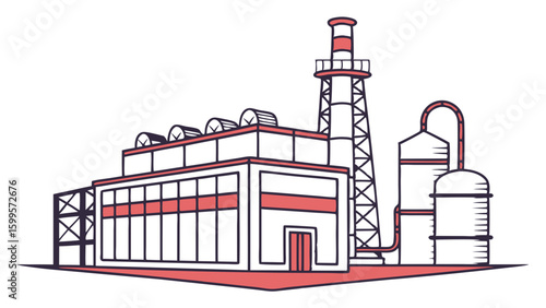Industrial Power Plant Illustration Factory Building Chimney and Storage Tanks.