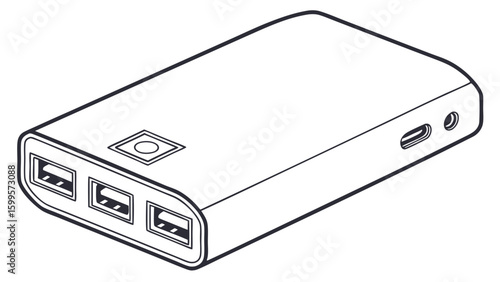 Isometric Line Drawing of a Portable Power Bank with Multiple USB Ports.