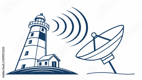 Lighthouse and Satellite Dish Communicating Signals in Illustration.