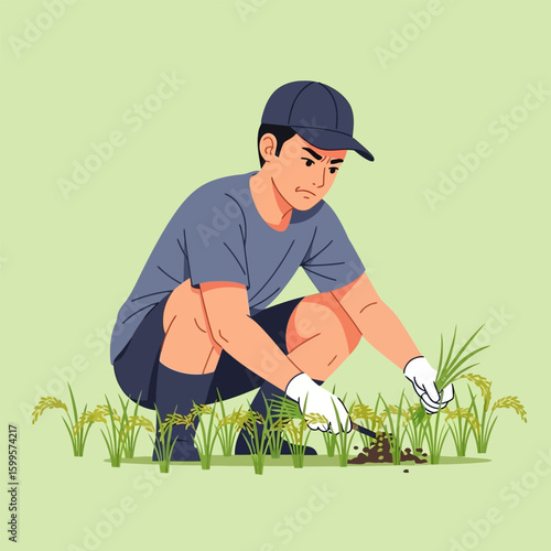 Focused Man Wearing Cap Planting Rice Seedlings in Field on Green Background
