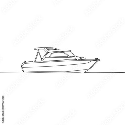 Line art motorboat on water, monochrome sketch for nautical themes , transparent background