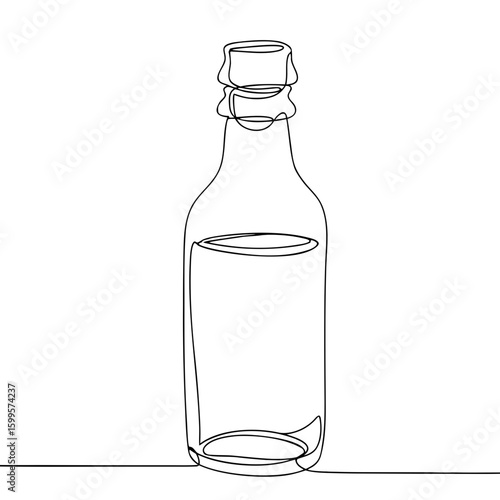 Minimalist line drawing of glass bottle, black and white illustration , transparent background