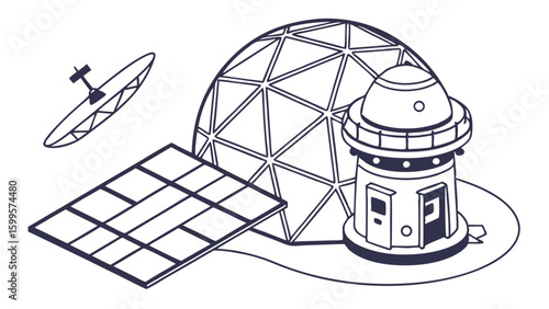 Outlined Lunar Base with Dome Habitat Solar Panel and Satellite.