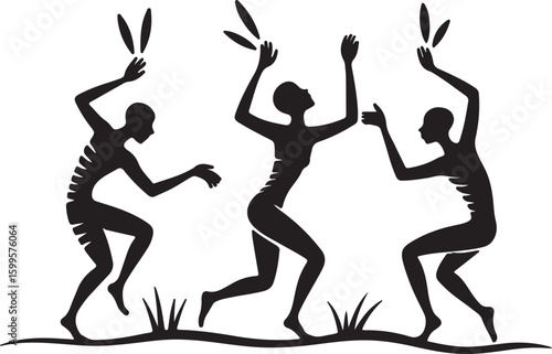 Dancing figures silhouette with raised arms and grass people celebration