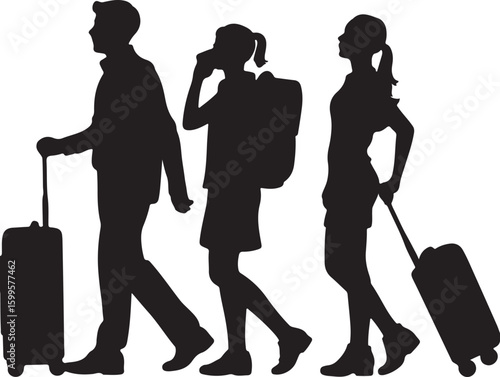 People traveling with luggage silhouette suitcase