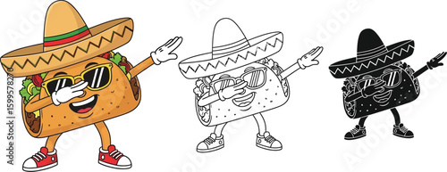Taco tuesday cartoon character dabbing wearing sombrero vector illustration mexican food design element