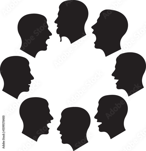 Black human head silhouettes in conversation white