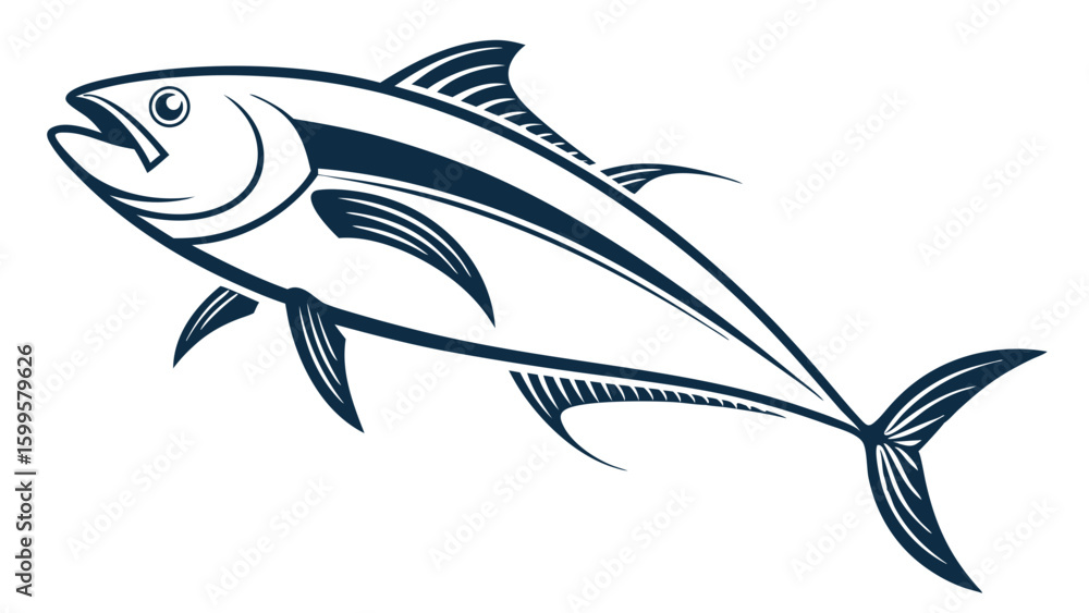 Obraz premium Stylized Tuna Fish Illustration with Dark Blue Outlines and Fins.