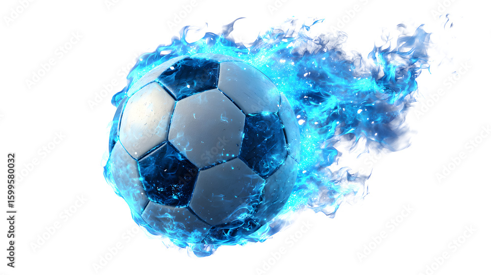 Fototapeta premium Flaming Soccer Ball with Blue Fire Trails on Transparent Background Sports Power Concept