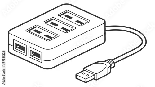 ThreePort USB Hub with Cable and Two Additional Ports.
