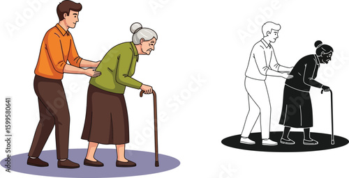 Elderly care assistance and support for senior citizens with caregiver helping old woman walking stick