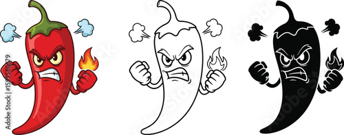 Angry cartoon chili pepper vector illustration set, hot and spicy food character design for menu and logo
