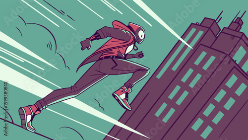 Animated Character Running Past Buildings with Speed Lines.