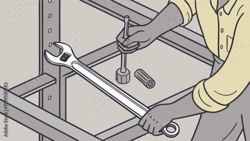 Assembling Furniture with Wrench and Fasteners Illustration.