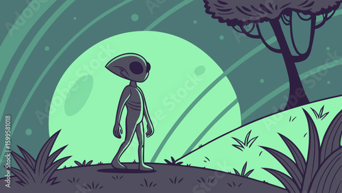 Cartoon Alien Walking Under the Moon in a Forest Scene.