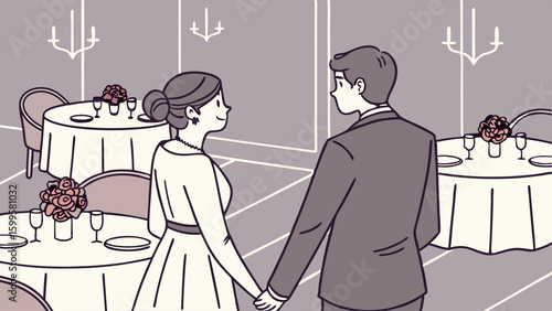 Cartoon Bride and Groom Holding Hands at Wedding Reception.