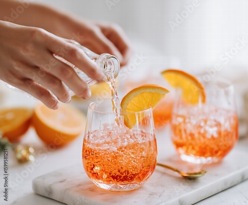 Overhead flat lay hands preparing citrus cocktail with sparkling wine and soda, orange garnish on marble surface, minimalist bright aesthetic shallow depth lifestyle. 
