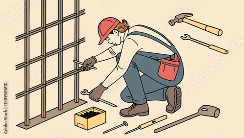 Cartoon construction worker fixing rebar with tools wearing overalls and hardhat.