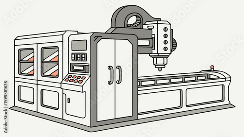 Cartoon Illustration of a CNC Milling Machine with Doors and Controls.