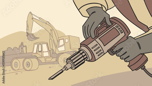 Cartoon illustration of construction worker using jackhammer with excavator.