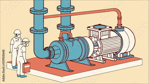 Cartoon illustration of industrial pump system with two workers.