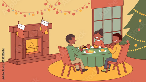 Cartoon family enjoying Christmas dinner by the fireplace and Christmas tree.