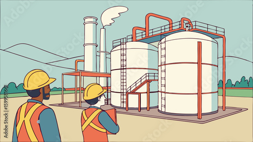 Cartoon illustration of two workers inspecting an industrial plant.