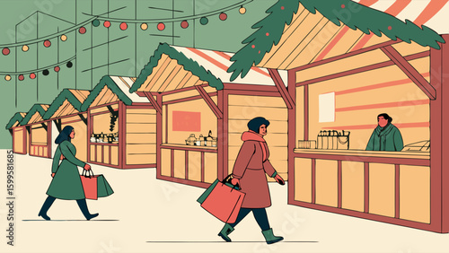 Christmas Market Shoppers at Wooden Stalls.