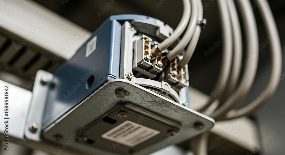 Fototapeta premium Close up engineering blue box connecting cable electrical infrastructure