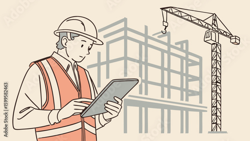 Construction Worker Examining Tablet Near Building and Crane.