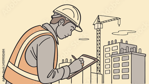 Construction Worker Inspecting Building Site with Crane and Buildings.