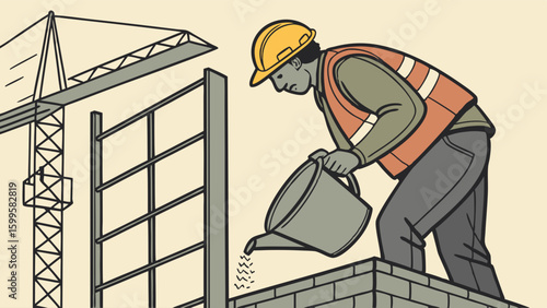 Construction Worker Pouring Mortar on Building Site.
