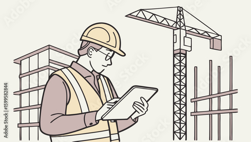 Construction Worker Reviewing Plans at a Building Site.